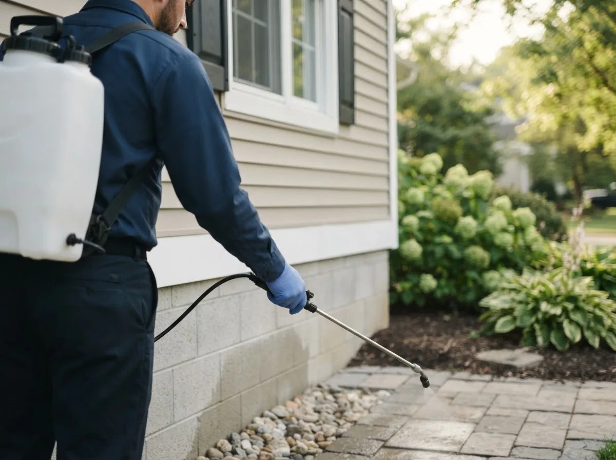 Pest control technician inspecting a home in Pine River, MN